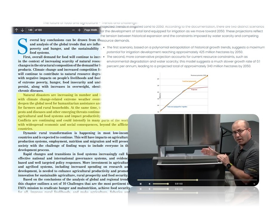 Answers are grounded with deep-linked documents and videos